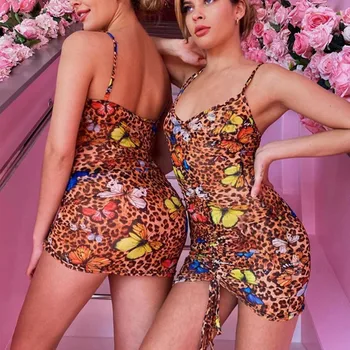 Drugelis Leopardas Spausdinti Raišteliu Mini Suknelė Moterų V-Kaklo, Rankovių Clubwear Bodycon Seksualus Šalis Suknelės 2020 M. Vasarą