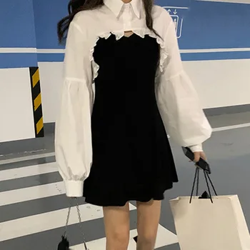 Dviejų Dalių Rinkiniai Suknelė Marškinių Apykaklės Rudenį Naują Stilių Japonijos Karšta Mergina Saldus Hepburn Stiliaus Prancūzijos Šviesą Saldus Ir Sūrus Juoda Slim