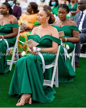 Eeqasn Pigūs Žalia Off Peties Bridesmaid Dresses 2021 Satino Grindų Ilgis Moterų Vakare Šalis Suknelė Vestuvių Suknelė Svečias