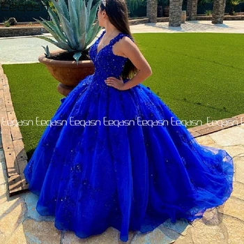 Eeqasn Princesė Kamuolys Suknelė Quinceanera Suknelės Blizgančių Nėrinių Appliqued Royal Blue Saldus 16 Mergaičių Oficialų Prom Chalatai 2020 Inscenizacija