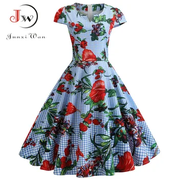 Elegantiškas Gėlių Spausdinti Vintage Suknelė Moterims Vasaros Atsitiktinis-Line Pinup Darbo Biuro Šalis Blyksnius Swing Suknelė Plus Size Vestidos