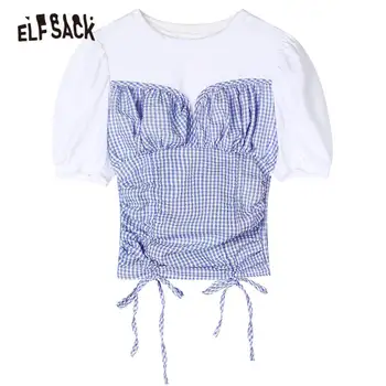 ELFSACK Violetinė Pledas Raišteliu T-Shirt Moterims, Apkarpyti Viršūnes 2020 Metų Vasaros ELF Mėlyna Sluoksniuotos Rankovėmis korėjos Ponios Netikrą 2 vnt Kasdien Viršų