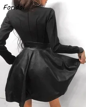 Foridol Moterų PU Oda, Juodos spalvos Suknelė ilgomis Rankovėmis su Užtrauktuku Kišenės Elegantiškas Mados Šalis Suknelė Vestidos De Mujer Rudenį, Žiemą