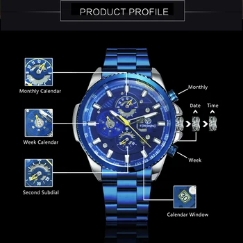 FORSINING Kariniai Laikrodžiai Vyrų Sporto Automatinis Mechaninis laikrodis Dirba 3 Sub-ciferblatas Verslo Atsitiktinis Vyrų Laikrodis Mėlyna Plieno Dirželis