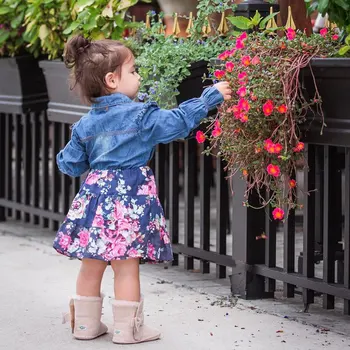 GEMTOT vaikų suknelė 2019 m. pavasarį ir rudenį naujų mergaičių džinsinio audinio gėlių mozaika suknelė ilgomis rankovėmis princesė suknelė