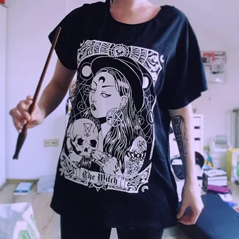 GOTH GIRL Harajuku Gatvėje T-shirt Moterims, Gotikos Ragana Atspausdintas Trumpas Rankovės Prarasti Grafinis Tees Dark Punk Hipster Viršuje Tees Moteris