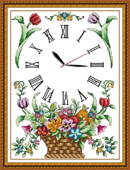 Gėlių krepšelis laikrodis kryželiu rinkinys 14ct 11ct skaičius spausdinimo drobės sieninis laikrodis siūlės siuvinėjimo 