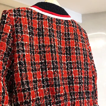 Harajuku Kailis Bombonešis Striukė Rudens Žiemos Outwear Europoje Liūtas Mygtukai O-Kaklo Juodas Raudonas Pledas Tvido Švarkai Moterų Derliaus