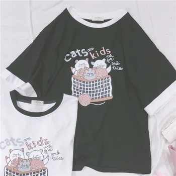 Harajuku Vasaros Naują Moterų marškinėliai Katė Spausdinti ie trumpomis Rankovėmis T-shirt Paauglių Mergaičių Studentų Japonų Prarasti Kawaii Viršūnes Mori Mergina