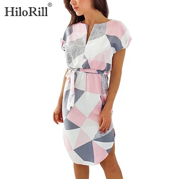 HiloRill Geometrinis Spausdinti Suknelė Moterų V-Kaklo Trumpomis Rankovėmis 2020 M. Moteris Vasaros Suknelės Atsitiktinis Varčias, Chalatas, Midi Suknelė Ponios Vestidos