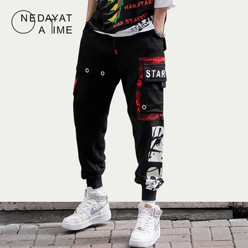 Hip-Hop Laišką Juostelės Sporto Poilsiu Vyrų Krovinių Kelnės Kišenės Kelio Taktinis Atsitiktinis Techwear Vyriškos Kelnės Sweatpants Streetwear