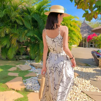 Ilgas Moterų Spausdinti Balto Šifono Dirželis Suknelė Vasaros Elegantiškas Atsitiktinis Šalis Atostogų Suknelė su Diržo kilimo ir tūpimo Tako Atogrąžų Paplūdimio Sundress