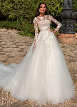 Ilgomis Rankovėmis A-Line Wedding Dresses Vestuvinės Suknelės Tiulio Su Kaspinu Užsakymą Pavasario Nėrinių Appliques Viršų