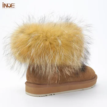 INOE mados mergaičių karvės verstos odos fox fur moterų kulkšnies žieminiai batai moters trumpas sniego batai išlaikyti šiltas, avalynė klirensas pardavimo