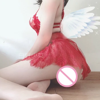 Japonijos Seksualus apatinis Trikotažas porno kraujavimas iš Backless Moterų Miego Dėvėti Naktį Suknelės su Diržu Nustato V-kaklo, Nėriniai Seksuali Jauna Mergina Juostele Dizainas