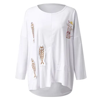 JAYCOSIN marškinėliai moterims Laisvalaikio marškinėlius, O-Kaklo Viršūnes katė spausdinti Siuvinėjimas ilgomis Rankovėmis harajuku drabužius femme T-Shirt streetwear 827