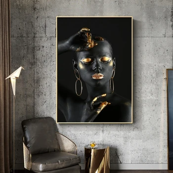 Juoda Nuogas Afrikos Moteris su Aukso Pirštų ir Lūpų Drobė, Tapyba ant Sienos Makiažas Moteris Sienos Menas Nuotraukas, Namų Dekoro