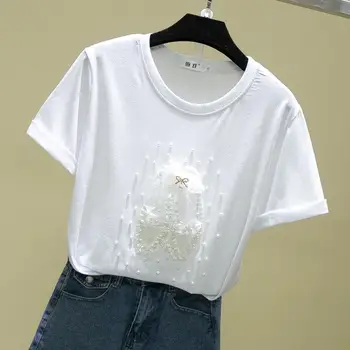 Juokinga Perlai Duobute Megzti marškinėliai Moterims Balta Atsitiktinis O-neck Cotton Tee Marškinėliai Moteriška Vasaros Tumblr Viršūnės 