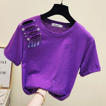 Juokingi Marškinėliai, Femme Blizgučiais Duobute Marškinėliai Moterims Skylę Medvilnės Marškinėlius 2019 M. Vasarą Trumpomis Rankovėmis Moteriška Harajuku T-Shirts
