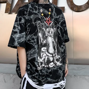 Kaklaraištis Dažų Hip-Hop Marškinėlius Vyrų Žaibo Monstras Spausdinti Harajuku Trumpas Rankovės 2020 M. Derliaus Streetwear Negabaritinių Viršūnes Tee