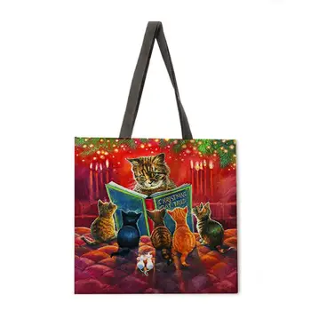 Kalėdų katė spausdinti nešti maišą lininis audinys krepšys atsitiktinis sulankstomas pirkinių krepšys lauko paplūdimio krepšys kasdien rankinėje