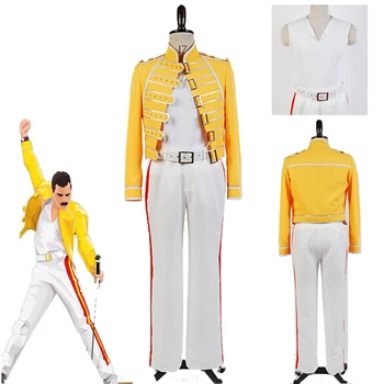 Karalienė Vokalas Freddie Mercury Cosplay Kostiumų Suaugusių Vyrų, Moterų, Geltona Vienodas Kostiumas Pilnas komplektas Halloween Carnival Užsakymą