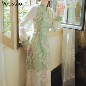 Kinų Stiliaus Naujas Rudens Derliaus Elegantiška, Romantiška Nėrinių Sujungimas Qipao Ponios Suknelė, Prašmatnus Gėlių Siuvinėjimas Slim Cheongsams Suknelė