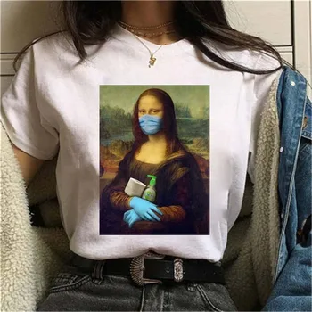 Klaidingą Mona Lisa Kaukė Moterų Marškinėliai Mergina Asmenybės Harajuku Mados Estetika Trumpas Rankovės Baltos Viršūnės Moterų Drabužius,Lašas Laivas