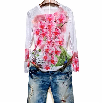 Korėjos 2020 m. rudenį Karšto gręžimo pink gėlių spausdinti marškinėliai moterims ilgomis rankovėmis grafinis tees modis marškinėlius viršūnes 4XL tee marškinėliai femme