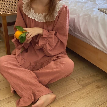 Korėjos stilius visiškai medvilnės sleepwear namų kostiumas moterų pižama nustatyti išgalvotas nėrinių puloveriai kelnės homewear drabužių rudens-žiemos naujas Y243