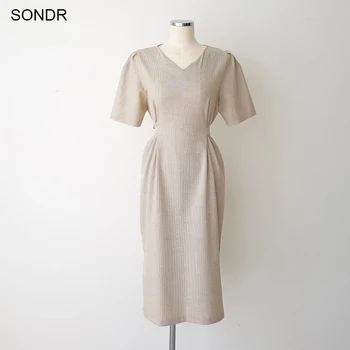 Korėjos Suknelė Vienas Gabalas, Derlius Mažas Pledas V Kaklo Varčias Tvarstis Suknelė Moterims Vasaros Lino Suknelė Tiesiai Padalinta Suknelė 