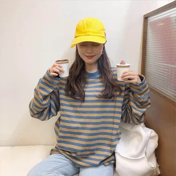 Korėjos Ulzzang O-Kaklo Dryžuotas marškinėliai Moterims Atsitiktinis ilgomis Rankovėmis Laisvi Marškinėliai Spalvos Bloką Retro Medvilnės Marškinėliai Femmal