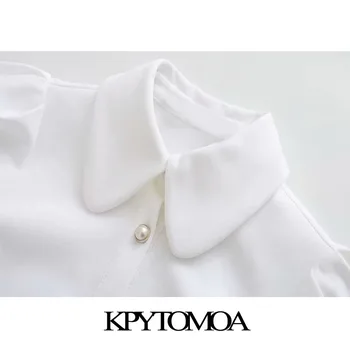 KPYTOMOA Moterų 2020 M. Elegantiškos Mados Dirbtiniais Perlų Mygtukai Baltos spalvos Mini Suknelė Vintage Atvartas Apykaklės Sluoksniuotos Rankovėmis Moterų Suknelės, Vestidos