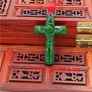Kryžiaus Jėzus Raižyti Jade Pakabukas Gamtos Kinijos Žalia Karoliai Žavesio Žadeito Papuošalų Mados Pasisekė Amuletas Dovanos Moterims N03