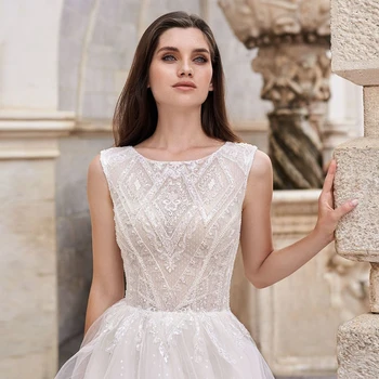 Kuklus O-kaklo-line Vestuvių Suknelės 2021 Teismas Traukinio Aplikacijos Blizgučiais Tiulio Rankovių Nuotakos Suknelės pagal Užsakymą