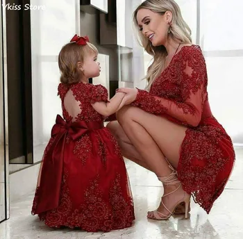 Kuklus Raudonos Nėrinių Vakarą Motina Nuotakos Suknelės Apvalkalą Trumpas Zawalcowany Motina Ir Dukra Suknelė ilgomis Rankovėmis, vestidos formales