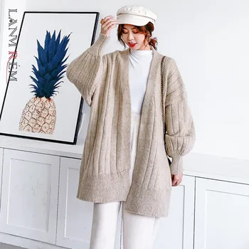 LANMREM Moterų didelio dydžio megztinis megztinis kailis korėjos stiliaus sutirštės 2020 m. rudens žiemos mezgimas vidutinio ilgio laisvi drabužiai YJ940