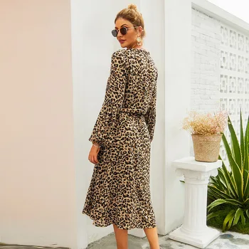 Leopard Moterų Suknelė 2021 Atsitiktinis Nauja Pavasario Vasaros Bohe Vidurio Blauzdos Šalis Suknelės Varčias Žibintų Vestidos OLIS ilgomis Rankovėmis Chalatas, Femme