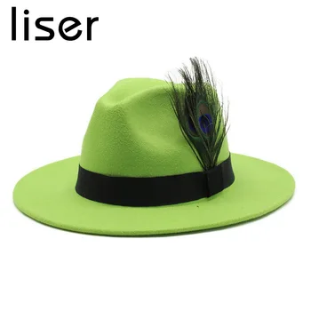 LISER Unisex Fedoras Viršų Skrybėlės Moterims ir Vyrams Vilnonių Modeliavimas Plunksnų Apdailos Lauko Kelis Spalva Mados