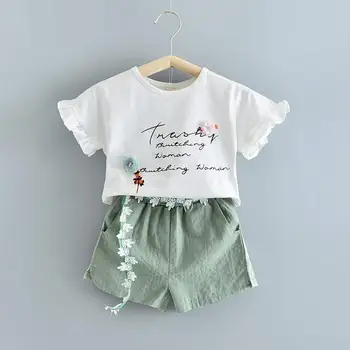 Lokys Lyderis Mergaičių Drabužių Rinkiniai 2021 Naujas Vasaros Vaikai Vaisiai Spausdinti marškinėliai ir Kelnės 2vnt Komplektus Mergina Bowtie Vaikų Kostiumai 3 7Y