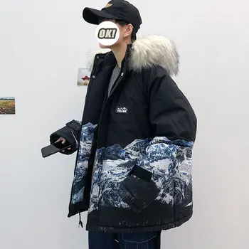 M-5XL Plius Dydžio vyriški Žiemos Puffer Jacket Tirštėti žieminis Paltas Šiltas Outwear su Removerable Kailio Gaubtas Kalnų Spausdinti Kailis Mens