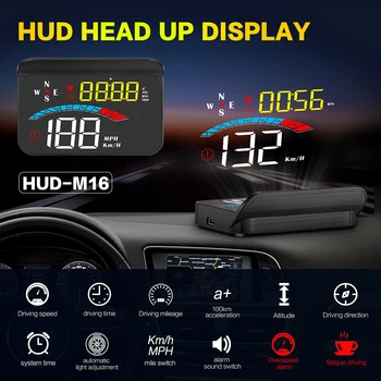 M16 Automobilių HUD GPS BD Head Up Display, Priekinio stiklo Greičio Projektorius greičio viršijimo Signalas Auto Elektroninių Įtampos Signalas