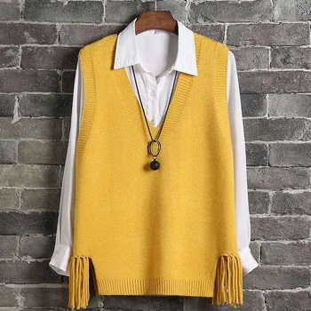 Mados kutas prarasti v-kaklo, megzti rankovių megztiniai moterims, Atsitiktinis, kietas geltonas plius dydžio liemenė Klasikinio korėjos stiliaus liemenė