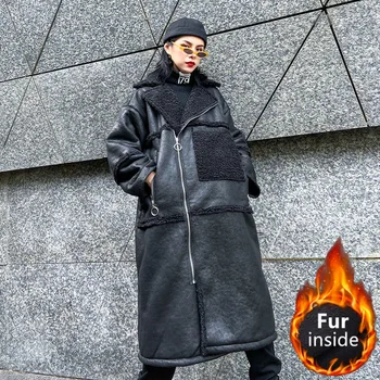 Max LuLu Žiemos Drabužių Prabanga korėjos Ponios Punk Streetwear Moterų Šiltu Dirbtiniais Odos Striukės Atsitiktinis Ilgo Kailio PU Paltai Plius Dydis