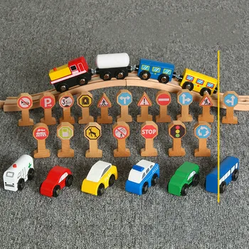 Mediniai Geležinkelio Priedai Konsultavimo Eismo Ženklai Vaikams Pažinimo Žaislas Medinis Keliu Kombinacija Scena Suderinama Medinių Bėgių