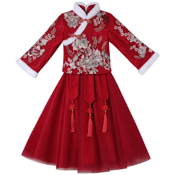 Mergaičių Hanfu Naujųjų Metų Aprangos Vaikų Šiltas Cheongsam Kinijos Tang Kostiumas Vaikas Žiemos Plius Aksomo Mielas Siuvinėjimas Šalis Suknelė