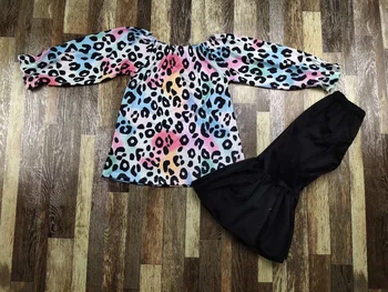 Merginos boutique, drabužiai Vaikams, spalvinga Leopard pynimas long sleeve t-shirt juodos kelnės Vaikams komplektai
