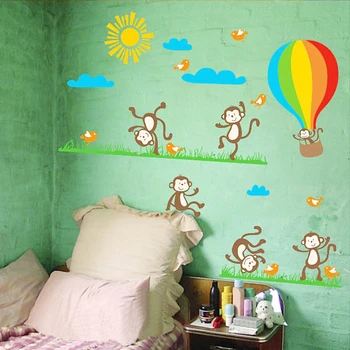 Mielas Beždžionės Su Karšto Oro Balionu, Sienos Lipdukas Darželių, Vaikų Kambarys Namų Dekoro 