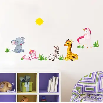 Miško gyvūnai dramblys vienaragis arklys žirafa siena lipdukas vaikams, vaikų, miegamojo, plakatas namų dekoro darželio decal