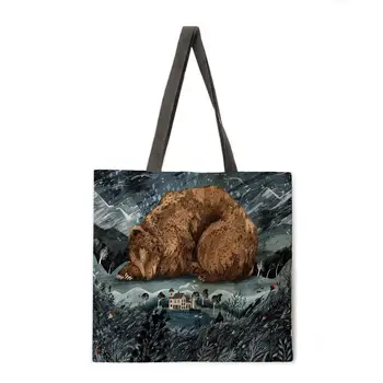 Miško gyvūnų lininis audinys atsitiktinis tote krepšys sulankstomas pirkinių krepšys daugkartinio naudojimo paplūdimio krepšys lady pečių maišą nešti